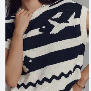 Maeve Anthropologie Navy Fish motif cap sleeve sweater LP